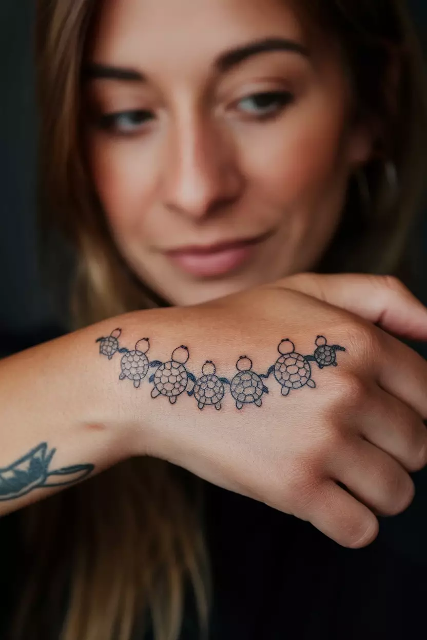 Cute Turtle Family Tattoo A close-up photo of a woman showing her tiny cute turtle family tattoo design