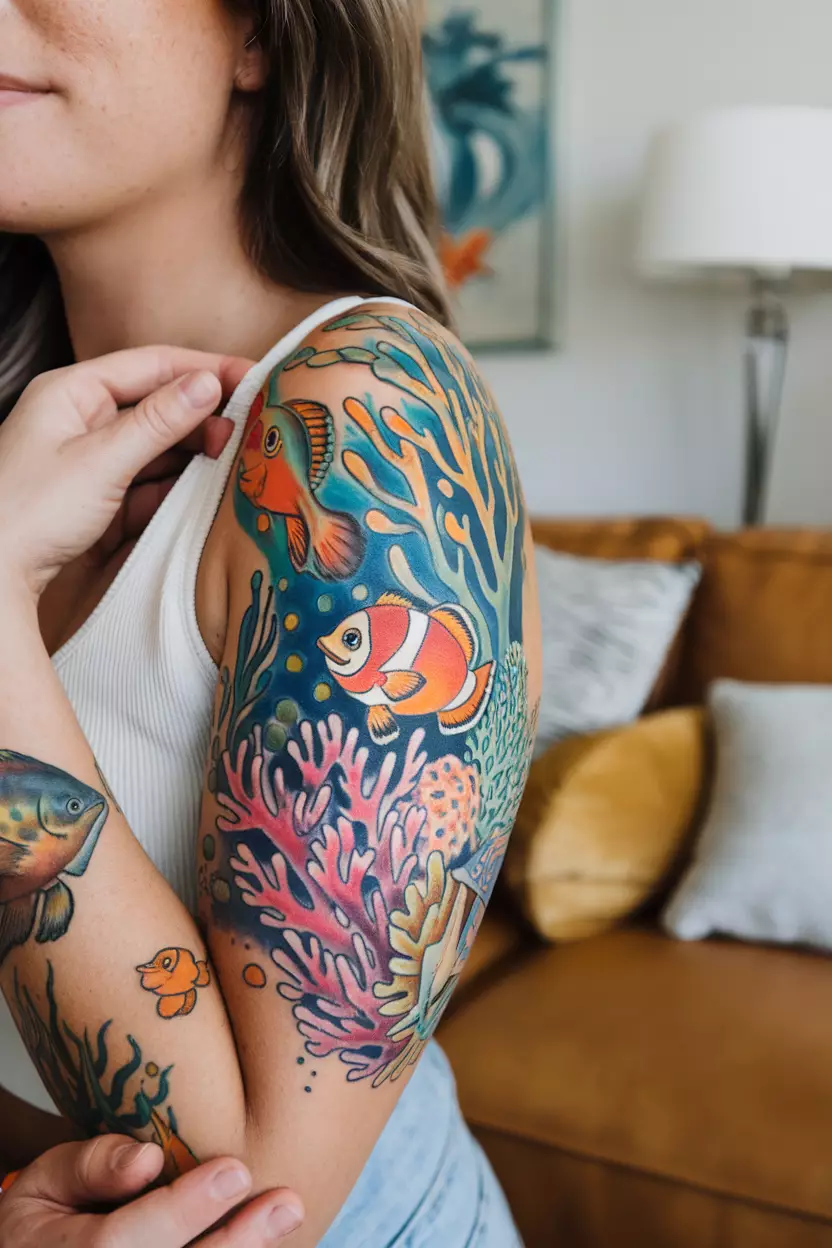 Colorful Coral Reef Scene A close-up photo of a woman showing her colorful coral reef tattoo, showcasing vibrant marine life and flora that symbolize the beauty and diversity of underwater ecosystems, tattoo design, living room background