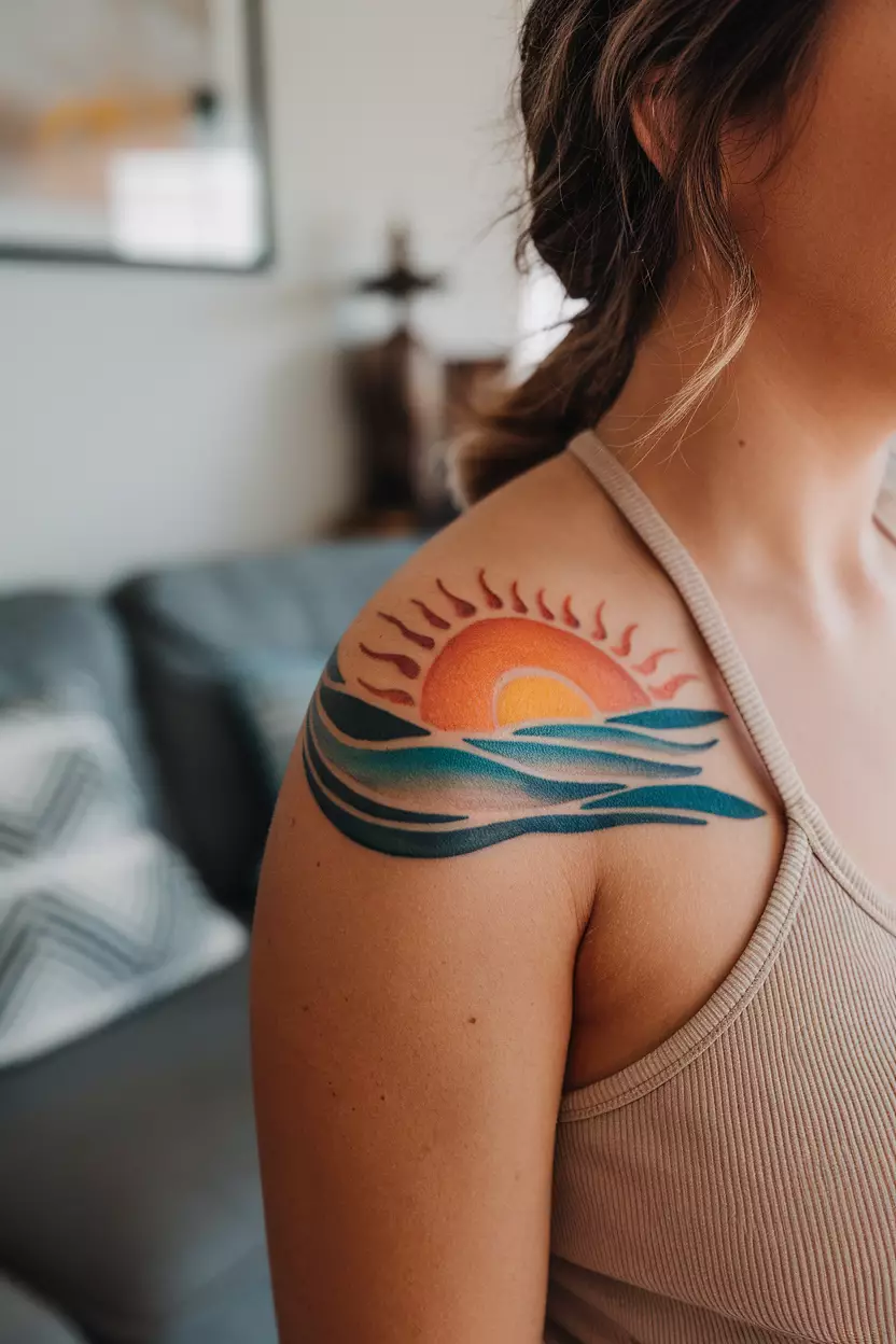 Sunset Over Ocean Waves A close-up photo of a woman showing her sunset over ocean waves tattoo with warm colors blending beautifully to represent serenity and peace at sea, tattoo design, living room background