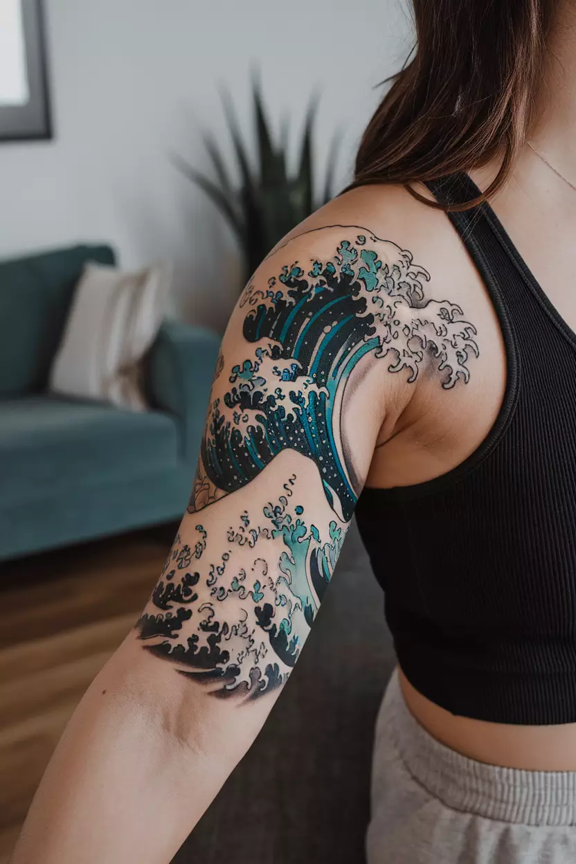 Majestic Wave Tattoo A close-up photo of a woman showing her majestic wave tattoo, featuring intricate details and flowing lines that capture the movement of the ocean, tattoo design, living room background
