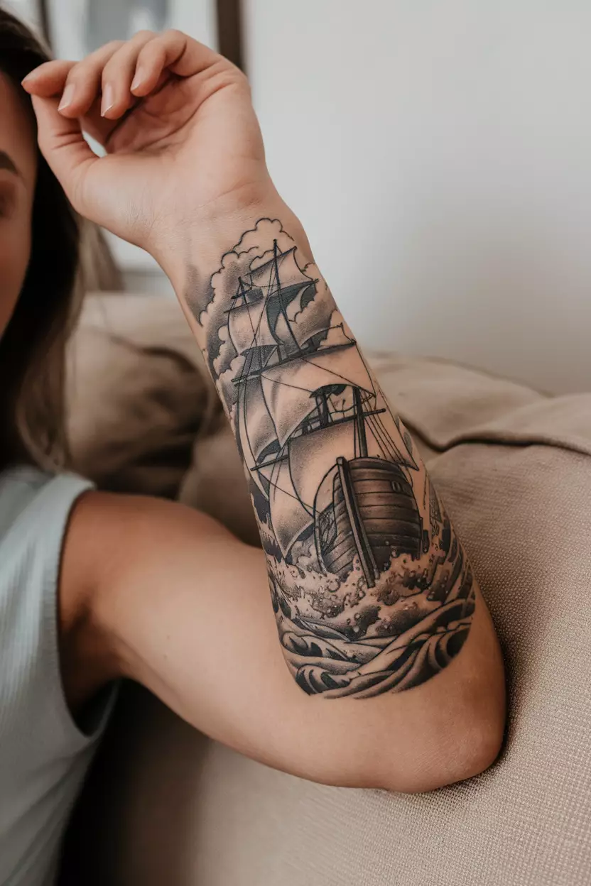 Vintage Ship in Stormy Seas A close-up photo of a woman showing her vintage ship tattoo battling stormy seas, symbolizing resilience and adventure in the face of challenges, tattoo design, living room background