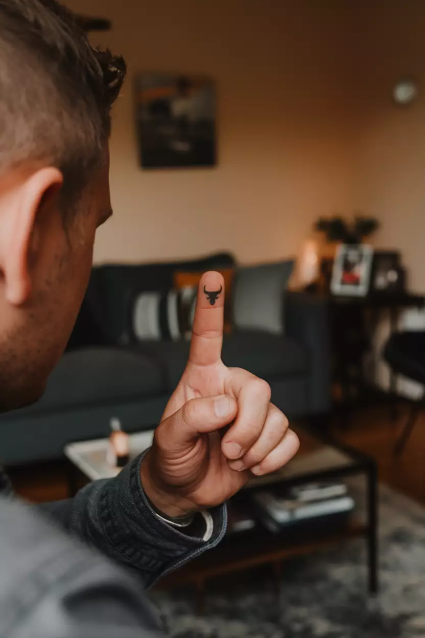 Taurus Finger Tattoo A close-up photo of a man showing his small but striking finger tattoo featuring the bull symbol, perfect for those who prefer minimalist designs while sitting comfortably in an aesthetically pleasing living room filled with personal mementos.