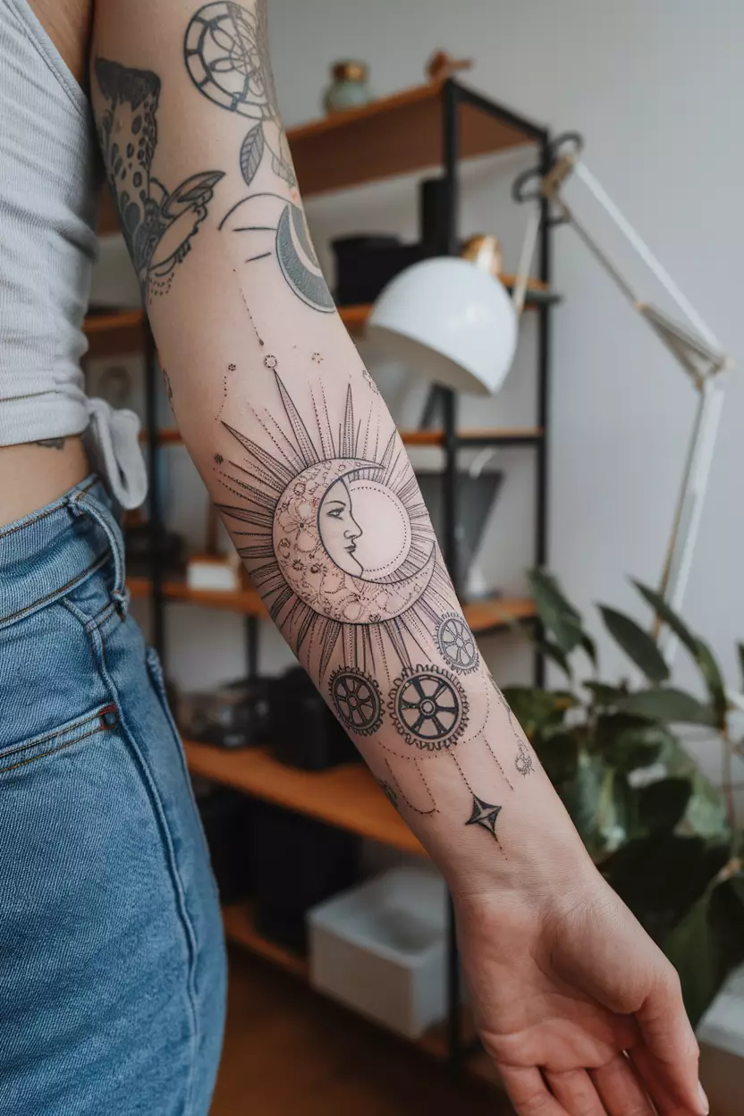 Custom Linework Tattoo of Moon Embracing Sun with Dotwork A close-up photo of a woman showing her forearm with a detailed linework tattoo of a crescent moon embracing a sun, living room background