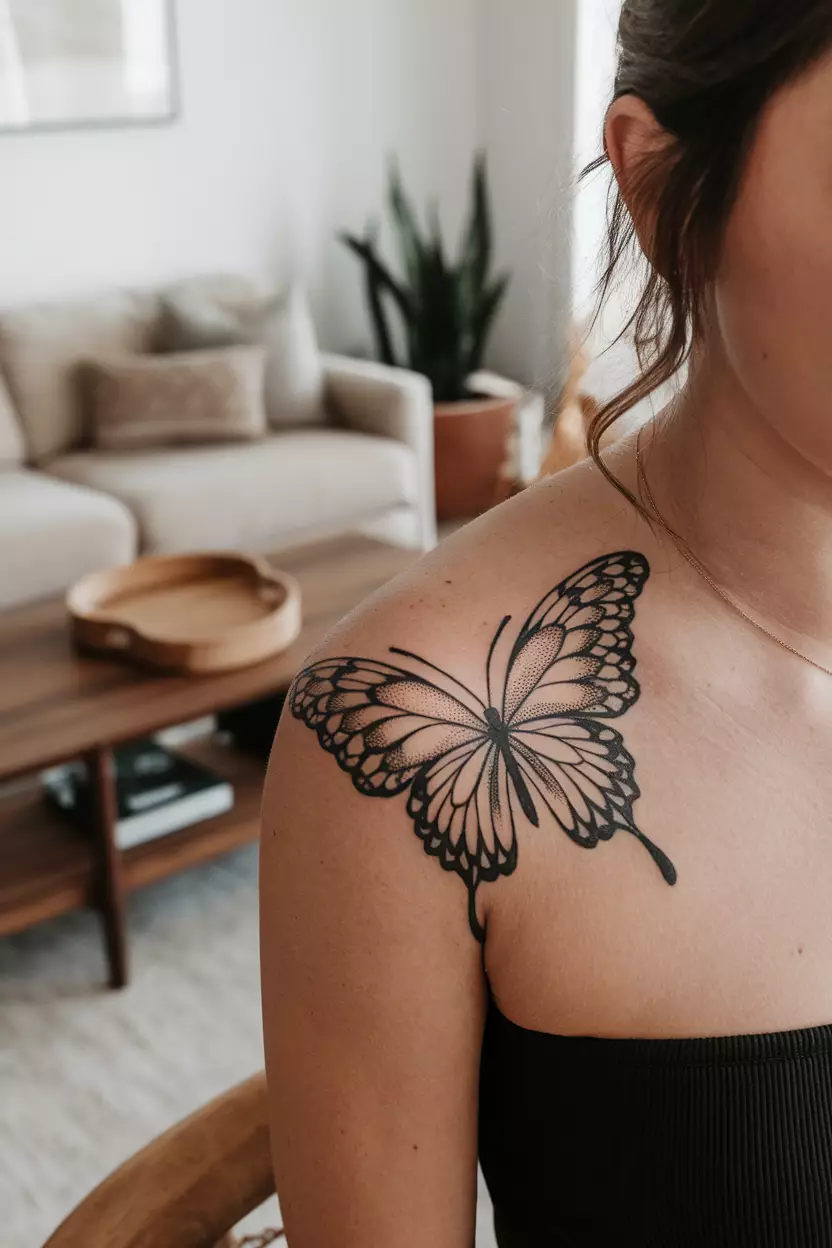 Black Butterfly with Lace Pattern A close-up photo of a woman showing her black butterfly tattoo featuring lace-like patterns that symbolize femininity and elegance in body art, tattoo design, living room background