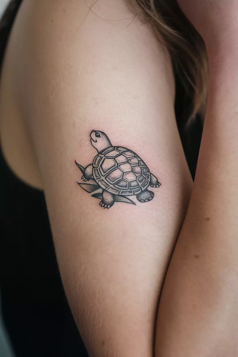 Detailed Blackwork Turtle Arm Tattoo A close-up photo of a woman showing her tiny detailed blackwork turtle arm tattoo design