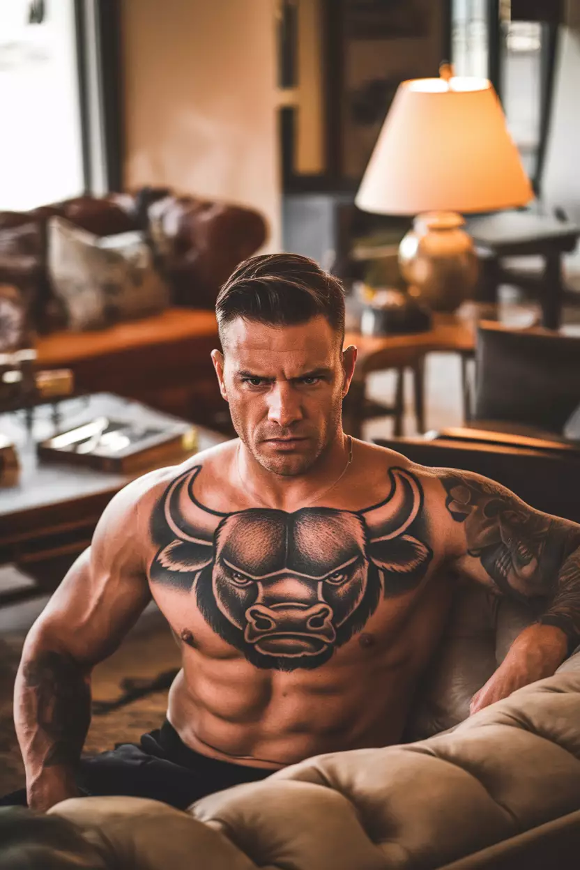 Taurus Bull Tattoo A close-up photo of a man showing his powerful bull tattoo on his chest, capturing strength alongside plush couches and warm lighting in an inviting living room setting that complements the fierce expression of the design.