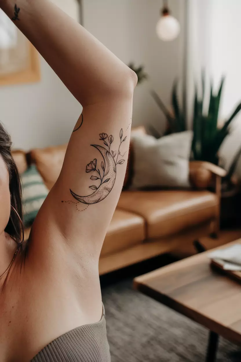 Moon with Flowers A close-up photo of a woman showing her crescent moon tattoo with delicate flowers growing from it, tattoo design, living room background