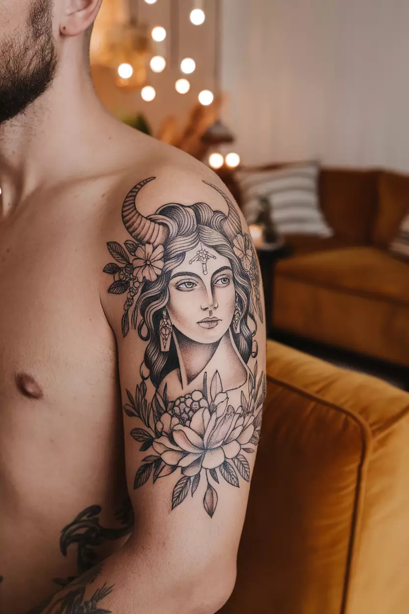 Taurus Goddess Tattoo A close-up photo of a man showing his Taurus goddess tattoo on his upper arm, featuring a beautifully detailed female figure adorned with horns and floral elements, set against a cozy living room background with soft lighting and plush furniture, creating a warm atmosphere that complements the design.