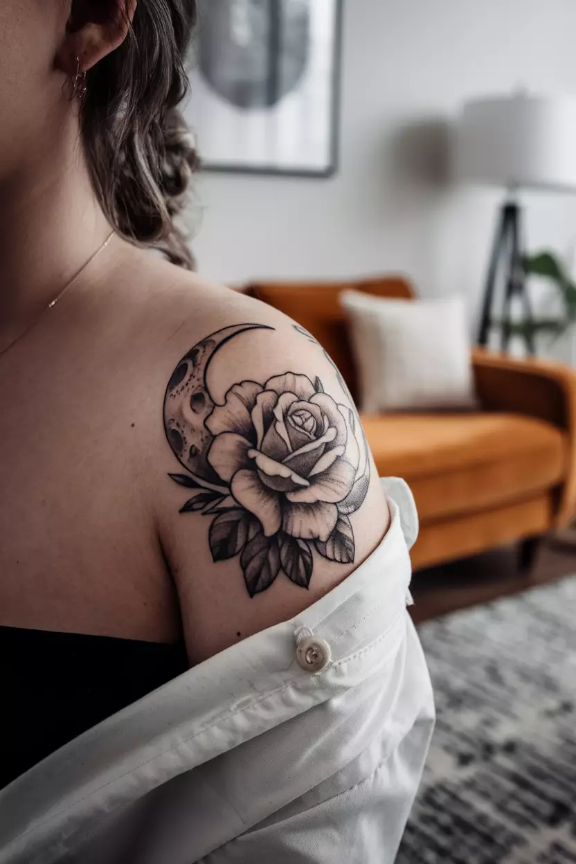 Crescent Moon With a Rose A close-up photo of a woman showing her shoulder with a crescent moon tattoo intertwined with a beautifully detailed rose, tattoo design, living room background