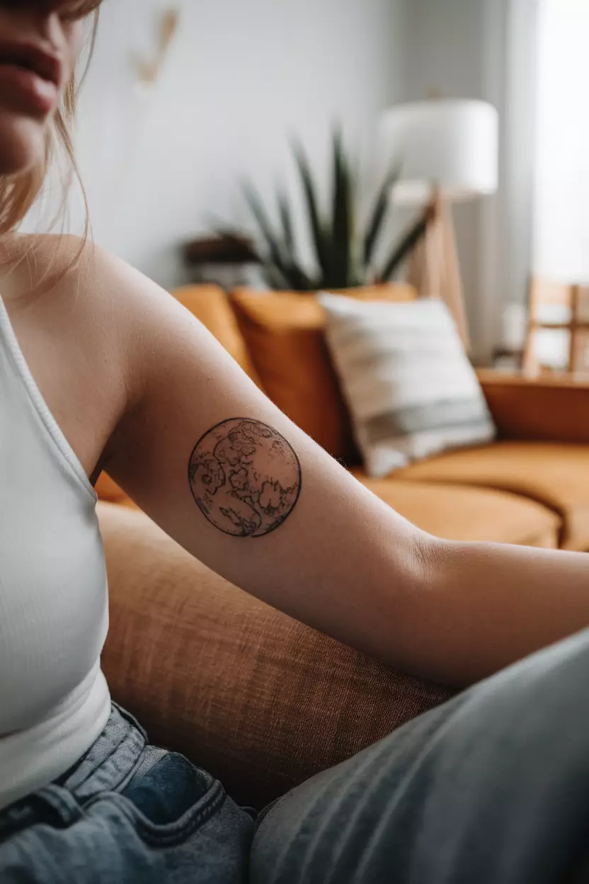 Sketchy Moon A close-up photo of a woman showing her tattoo of a moon that looks like a hand-drawn sketch, tattoo design, living room background