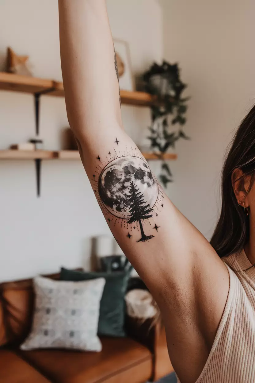 Full Moon with Tree Silhouette A close-up photo of a woman showing her detailed full moon tattoo with a tree silhouette in front of it, tattoo design, living room background