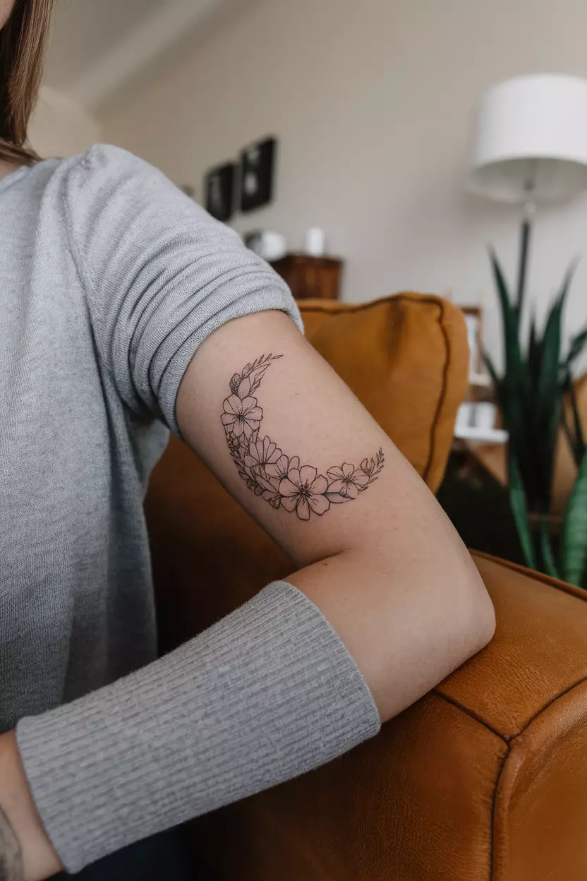 Birth Flowers in Crescent Moon Shape A close-up photo of a woman showing her arm with a crescent moon-shaped tattoo composed of her birth month flowers, tattoo design, living room background