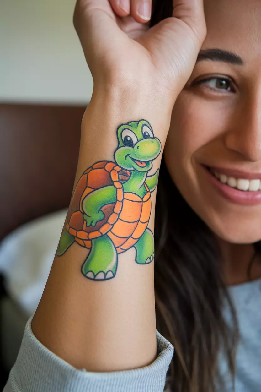 Cartoon Turtle on Wrist A close-up photo of a woman showing her playful cartoon turtle tattoo on her wrist, with bright colors and a cheerful expression that adds a fun element to her ink, bedroom background.