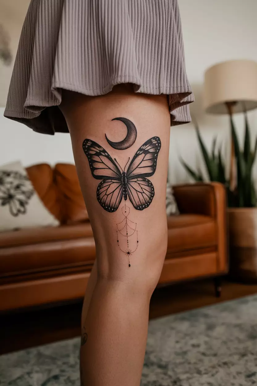Moon and Butterfly A close-up photo of a woman showing her tattoo of a butterfly with a small moon, tattoo design, living room background