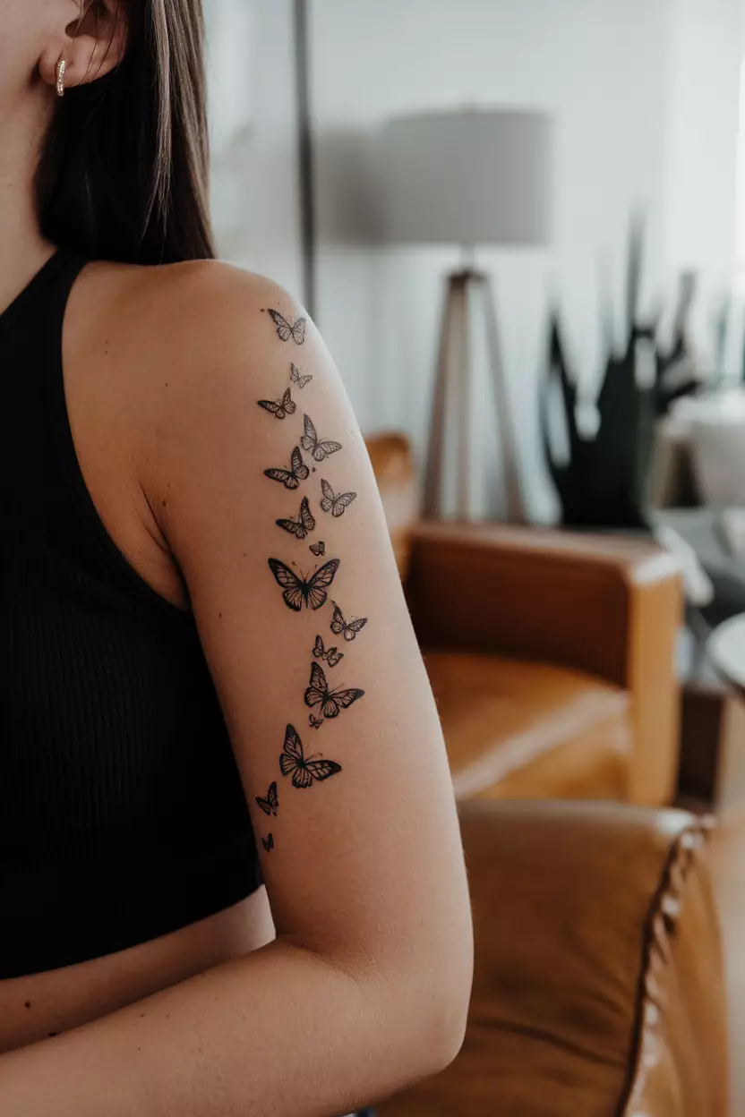 Flying Black Butterflies in Formation A close-up photo of a woman showing her flying black butterflies tattoo in formation representing freedom and the journey through life’s challenges, tattoo design, living room background