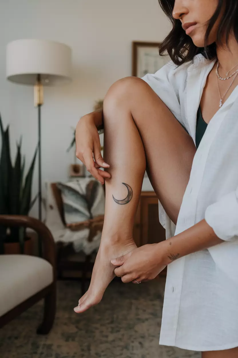 Mid-Size Ankle Crescent Moon A close-up photo of a woman showing her ankle with a medium-sized crescent moon tattoo, simple yet elegant in design, tattoo design, living room background