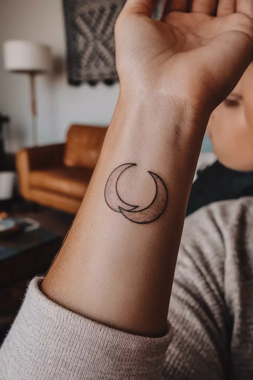 Interlocking Crescent Moons A close-up photo of a woman showing her wrist with a tattoo of two crescent moons interlocking to form a circular design, tattoo design, living room background