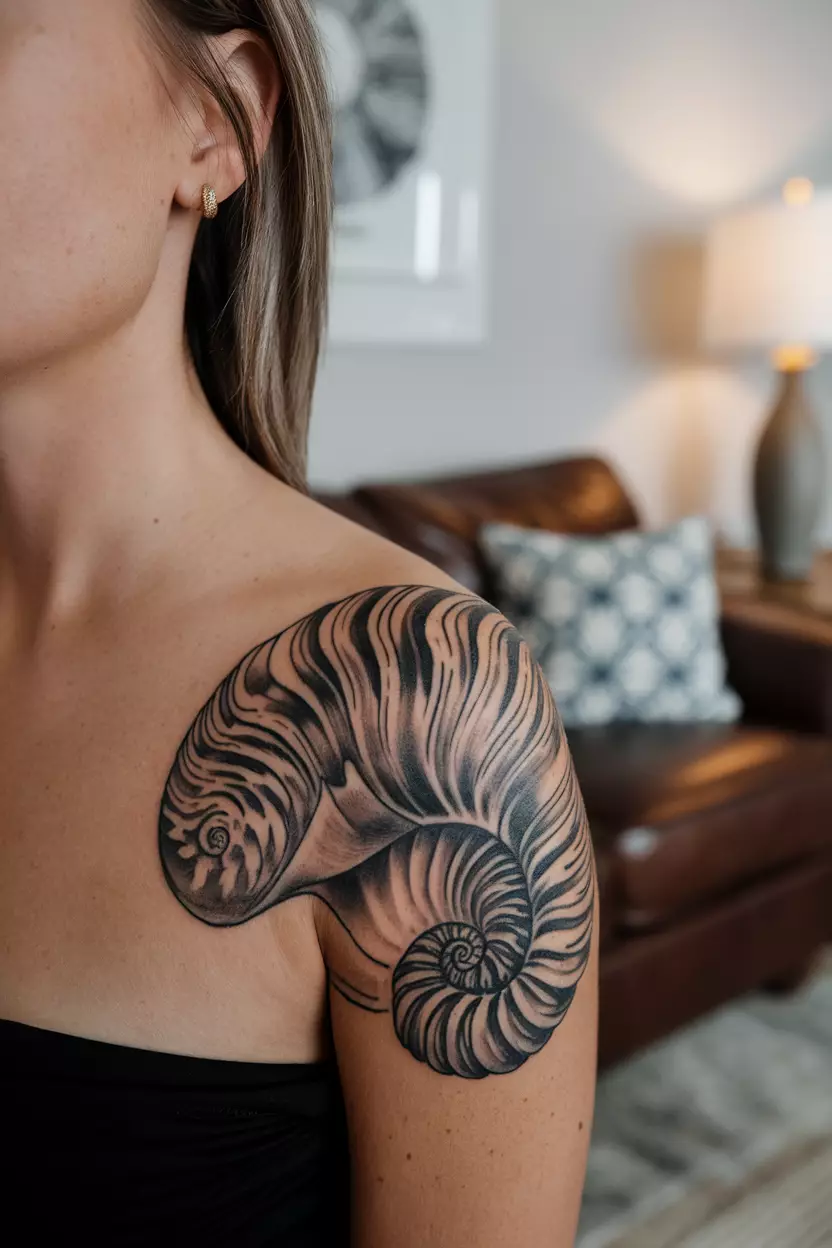 Elegant Seashell Design A close-up photo of a woman showing her elegant seashell tattoo with intricate patterns and shading that evoke the tranquility of beach life, tattoo design, living room background
