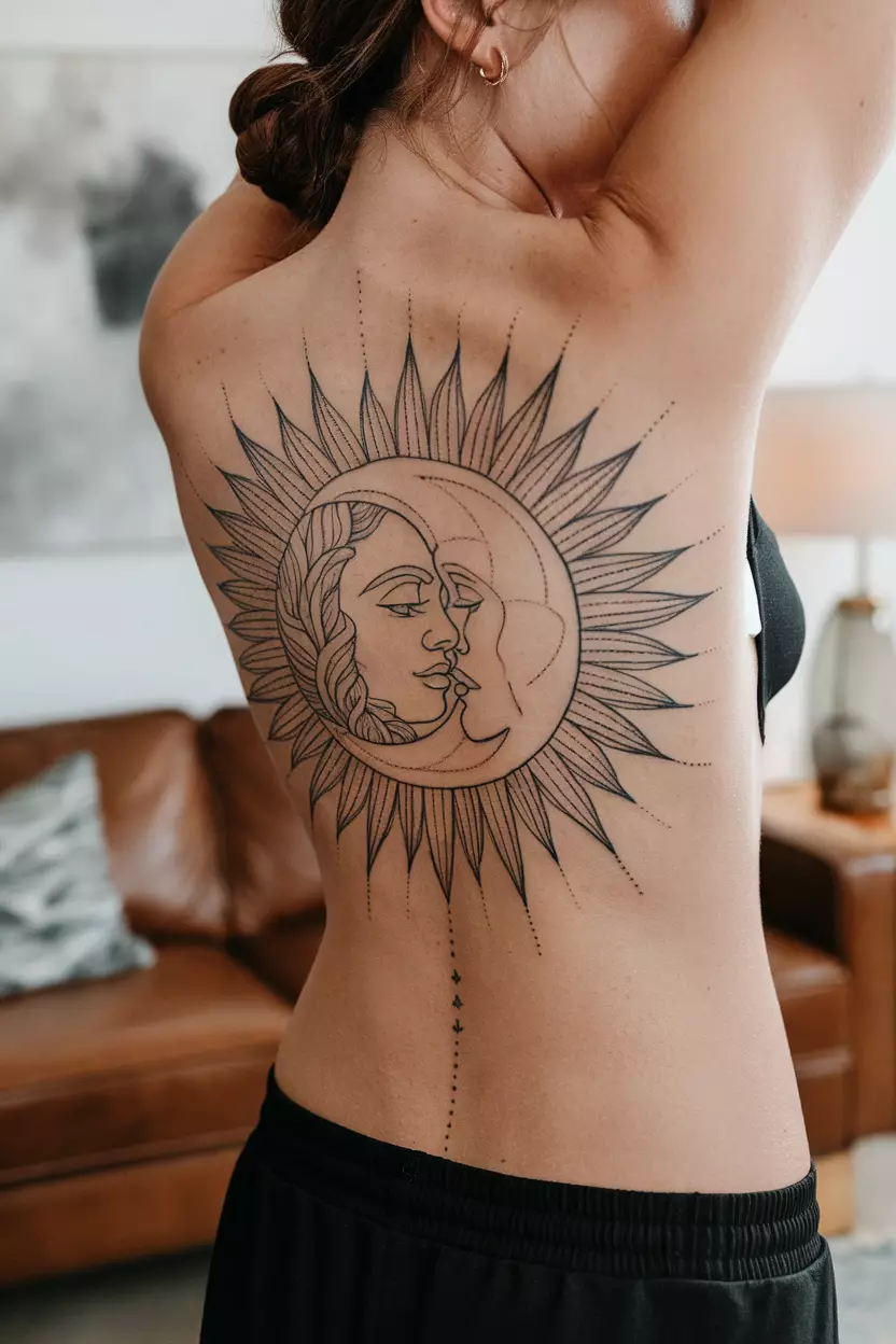 Custom Linework Tattoo of Sun and Moon Embracing on Lower Back A close-up photo of a woman showing her lower back with a large linework tattoo of the sun and moon in an embrace, with fine details and white highlights, tattoo design, living room background