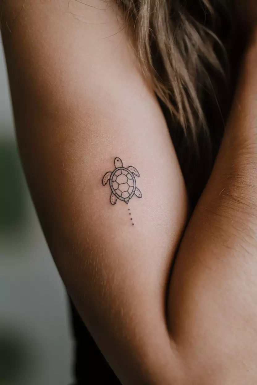 Simple Small Turtle Tattoo A close-up photo of a woman showing her tiny simple small turtle tattoo design