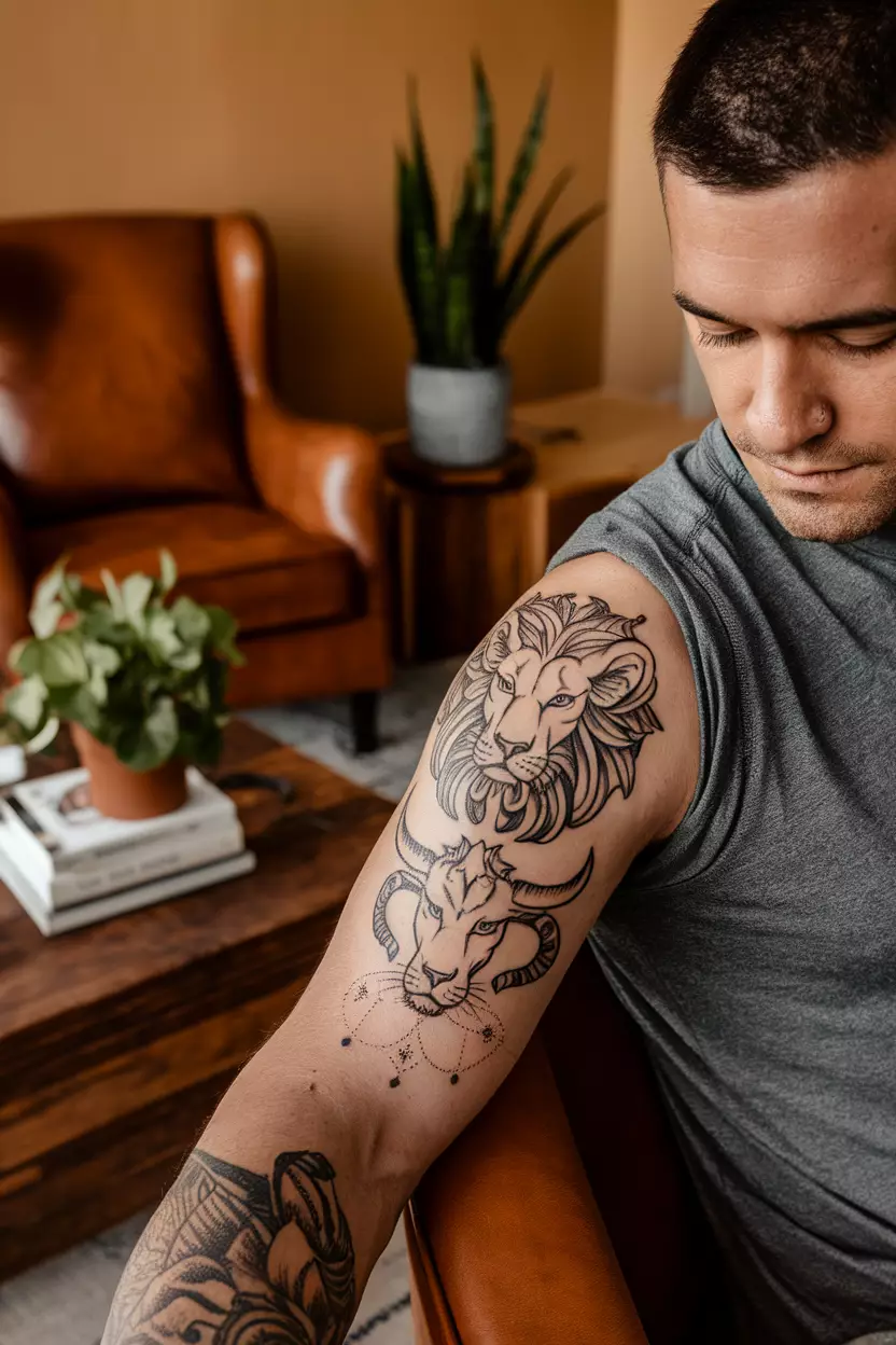 Leo And Taurus Tattoo A close-up photo of a man showing his creative tattoo combining Leo and Taurus symbols on his upper arm, featuring both animals in an artistic design set in an inviting living room decorated with warm tones and personal touches that reflect loyalty and strength.