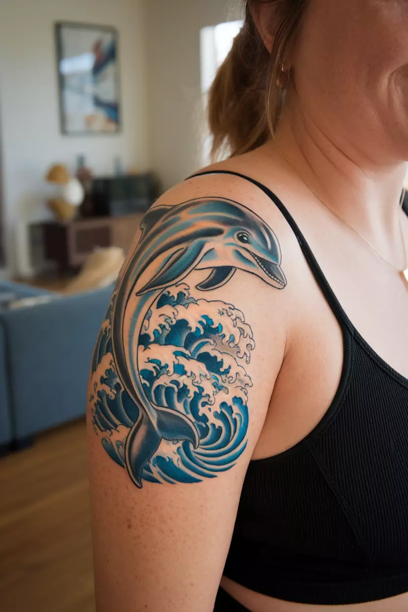 Realistic Dolphin Jumping A close-up photo of a woman showing her realistic dolphin tattoo, depicting the joyful leap of a dolphin against a backdrop of stylized waves, representing freedom and playfulness, tattoo design, living room background