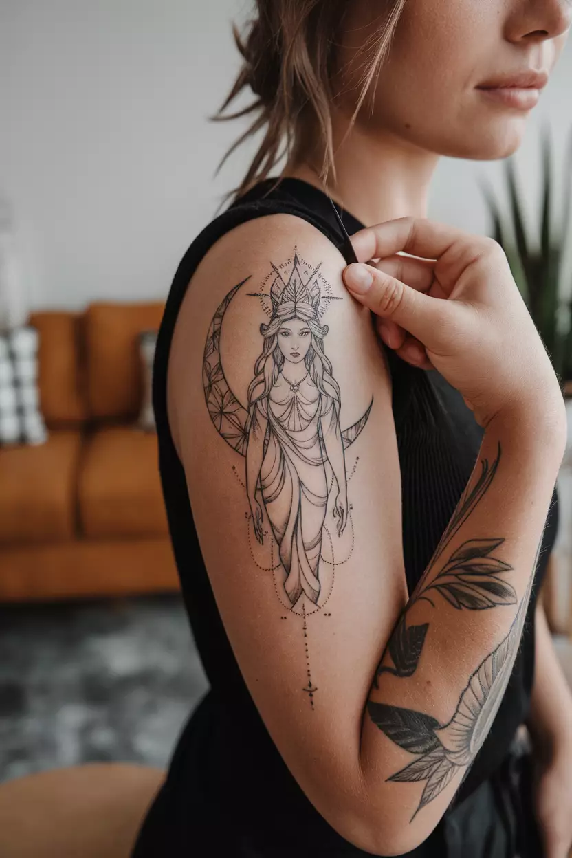 Moon Goddess A close-up photo of a woman showing her tattoo of a ethereal goddess figure emerging from a crescent moon, tattoo design, living room background