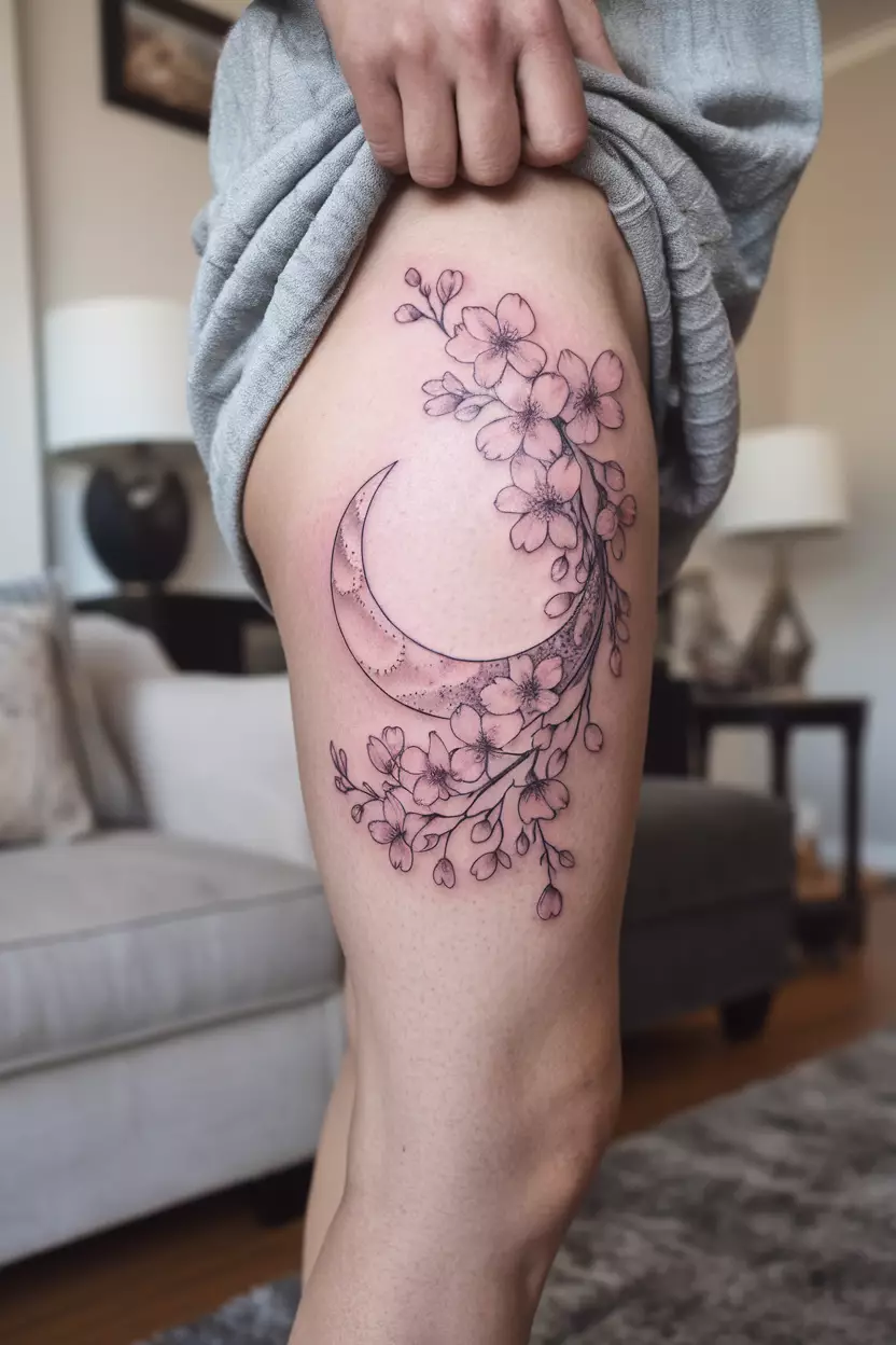 Upper Thigh Crescent Moon with Cherry Blossoms A close-up photo of a woman showing her upper thigh with a crescent moon tattoo surrounded by delicate cherry blossom flowers, tattoo design, living room background
