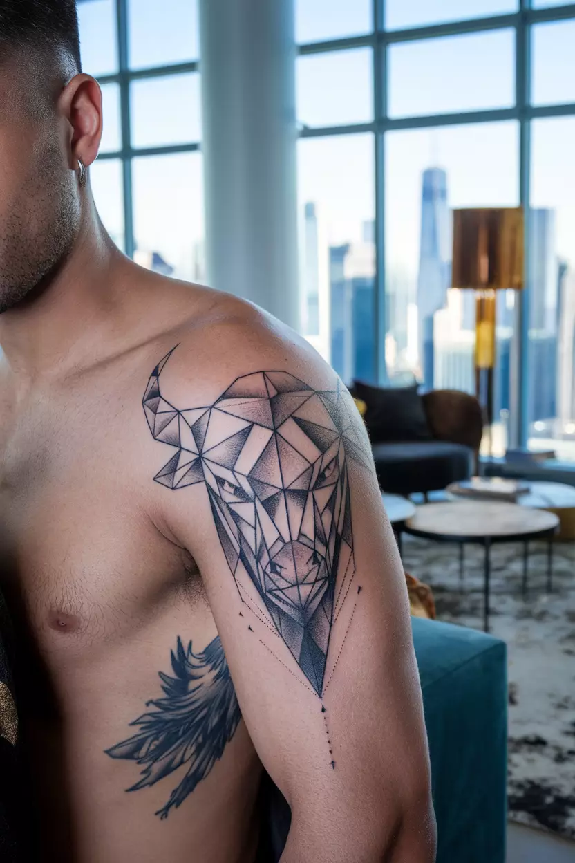 Geometric Taurus Tattoo A close-up photo of a man showing his geometric design tattoo representing the bull on his bicep, utilizing sharp angles against a stylish living room backdrop filled with chic furniture and artistic accents for an edgy look.
