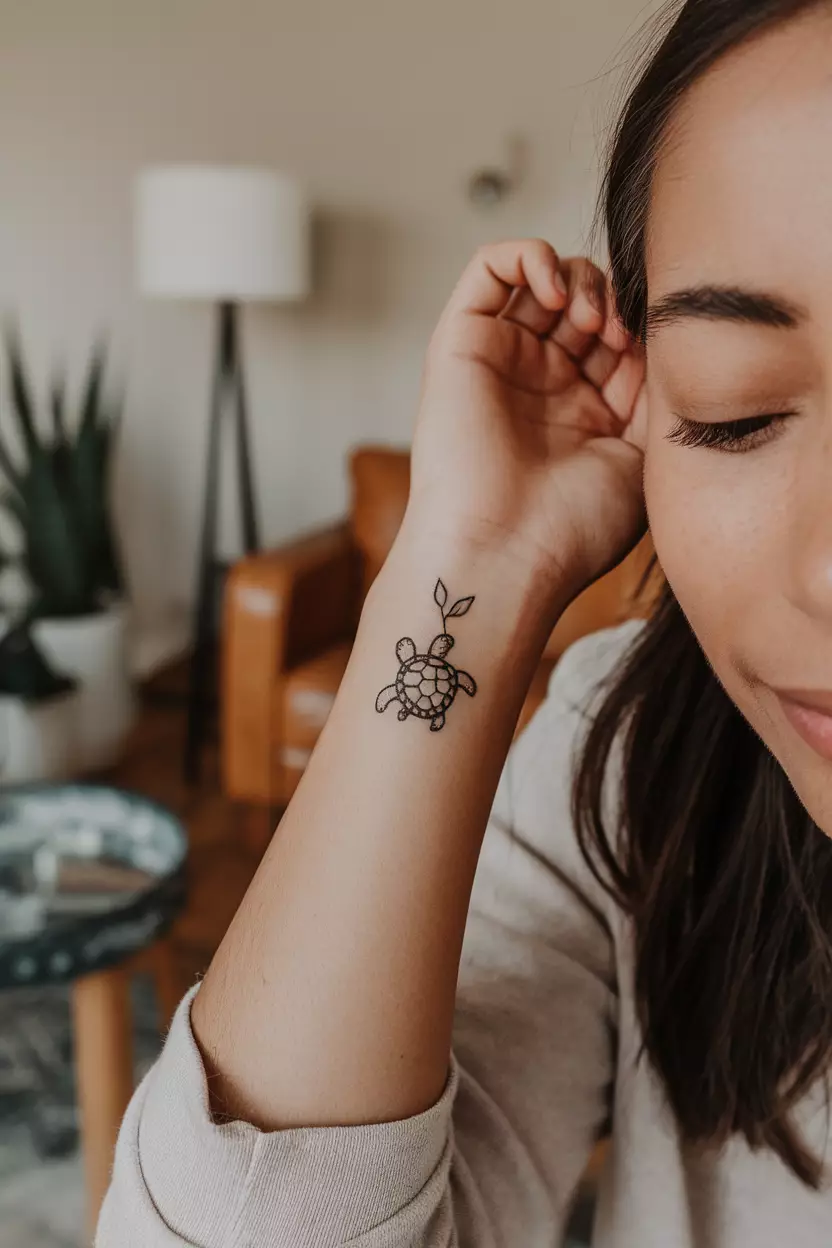 Small Black Turtle Tattoo A close-up photo of a woman showing her tiny black turtle tattoo design, living room background