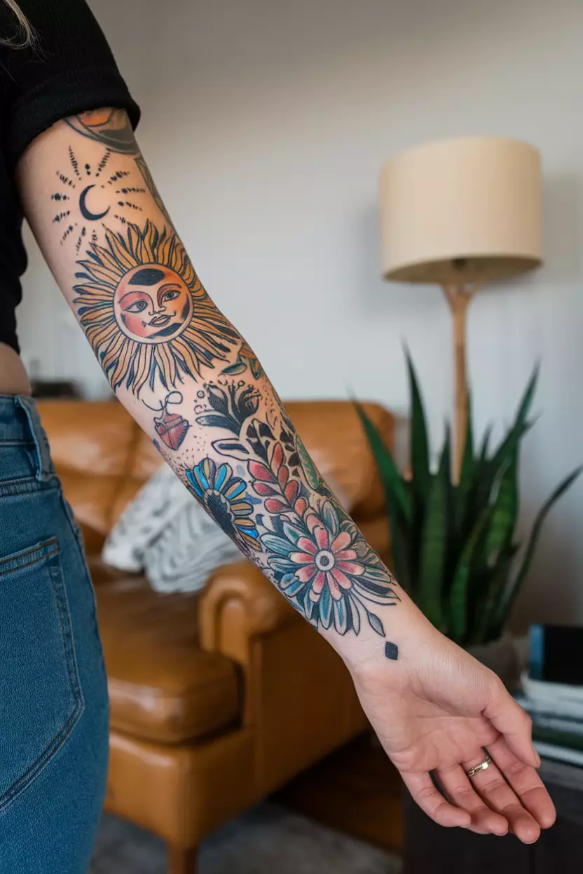 Custom Forearm Tattoo of the Sun and Moon with Flowers A close-up photo of a woman showing her forearm with a vibrant, colorful tattoo of the sun and moon surrounded by intricate floral patterns and black details, tattoo design, living room background