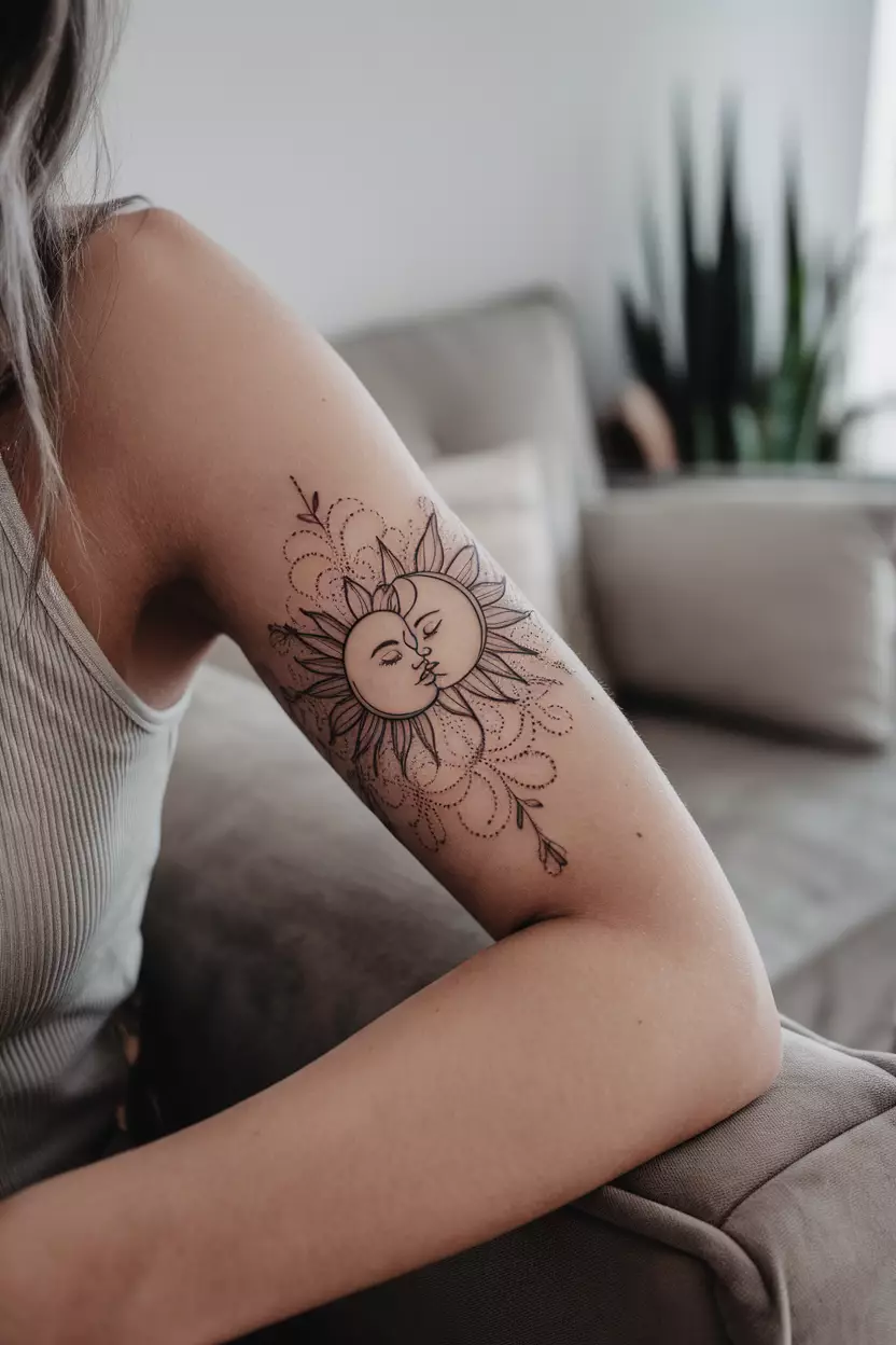 Linework Tattoo of Sun and Moon Kissing with Ornamental Details A close-up photo of a woman showing her arm with a delicate linework tattoo depicting the sun and moon kissing, surrounded by ornamental flourishes, tattoo design, living room background