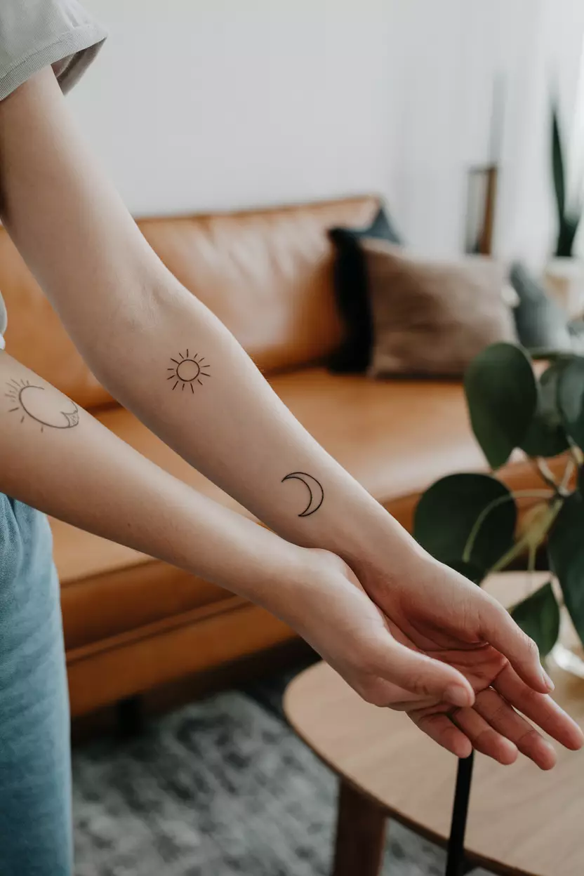 Minimal Matching Forearm Tattoos of Sun and Moon A close-up photo of a woman showing her forearms with minimalist matching tattoos, one of a simple sun and the other of a crescent moon, tattoo design, living room background