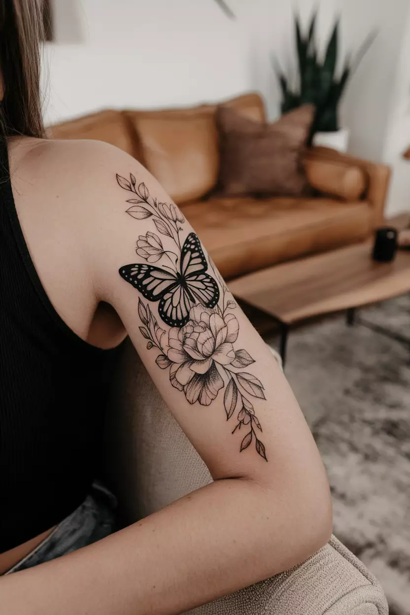 Black Butterfly on Floral Background A close-up photo of a woman showing her black butterfly tattoo set against an intricate floral backdrop representing the connection between life cycles and beauty in nature's designs, tattoo design, living room background