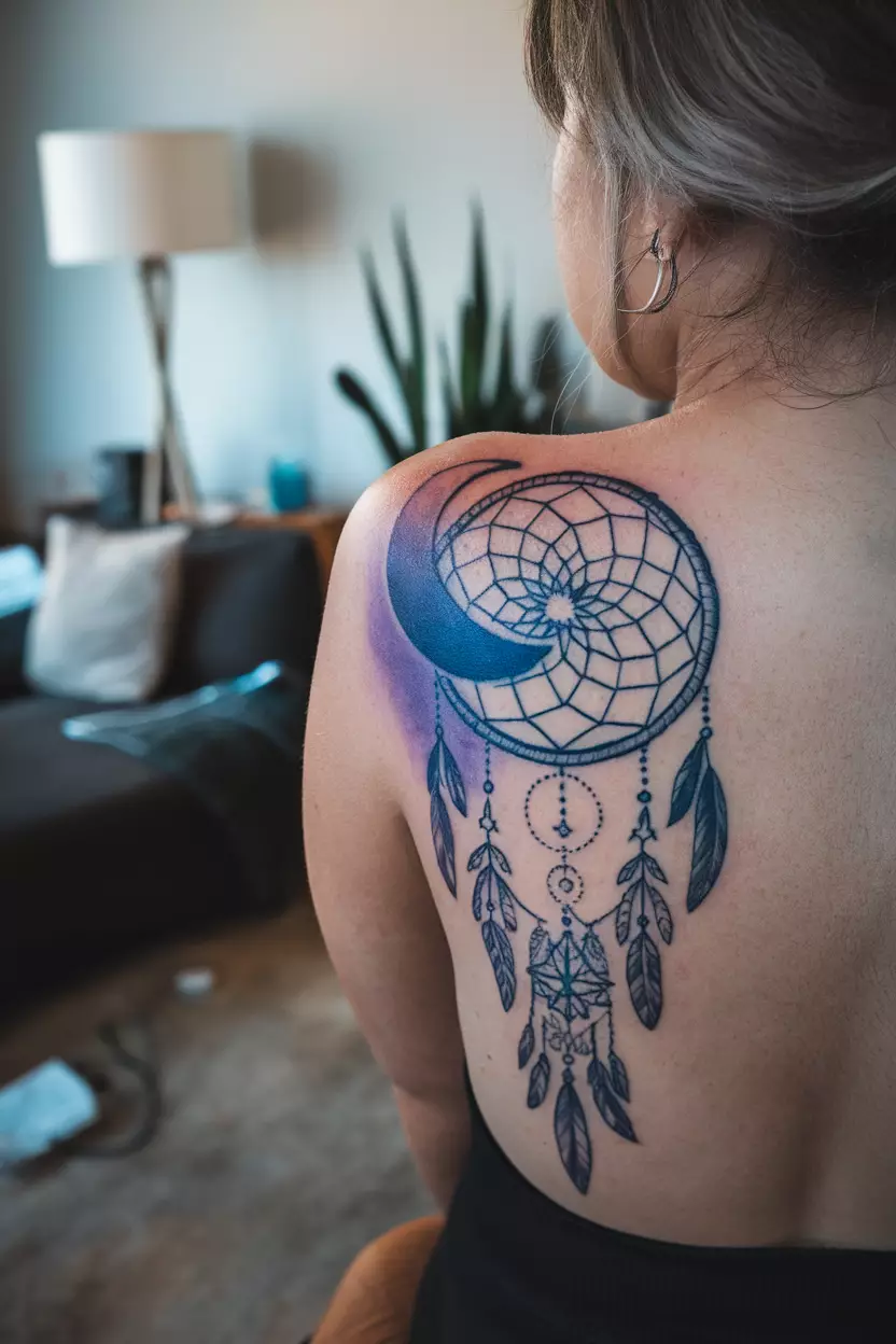 Dreamcatcher Crescent Moon A close-up photo of a woman showing her back with a large tattoo of a dreamcatcher incorporating a crescent moon into its design, tattoo design, living room background