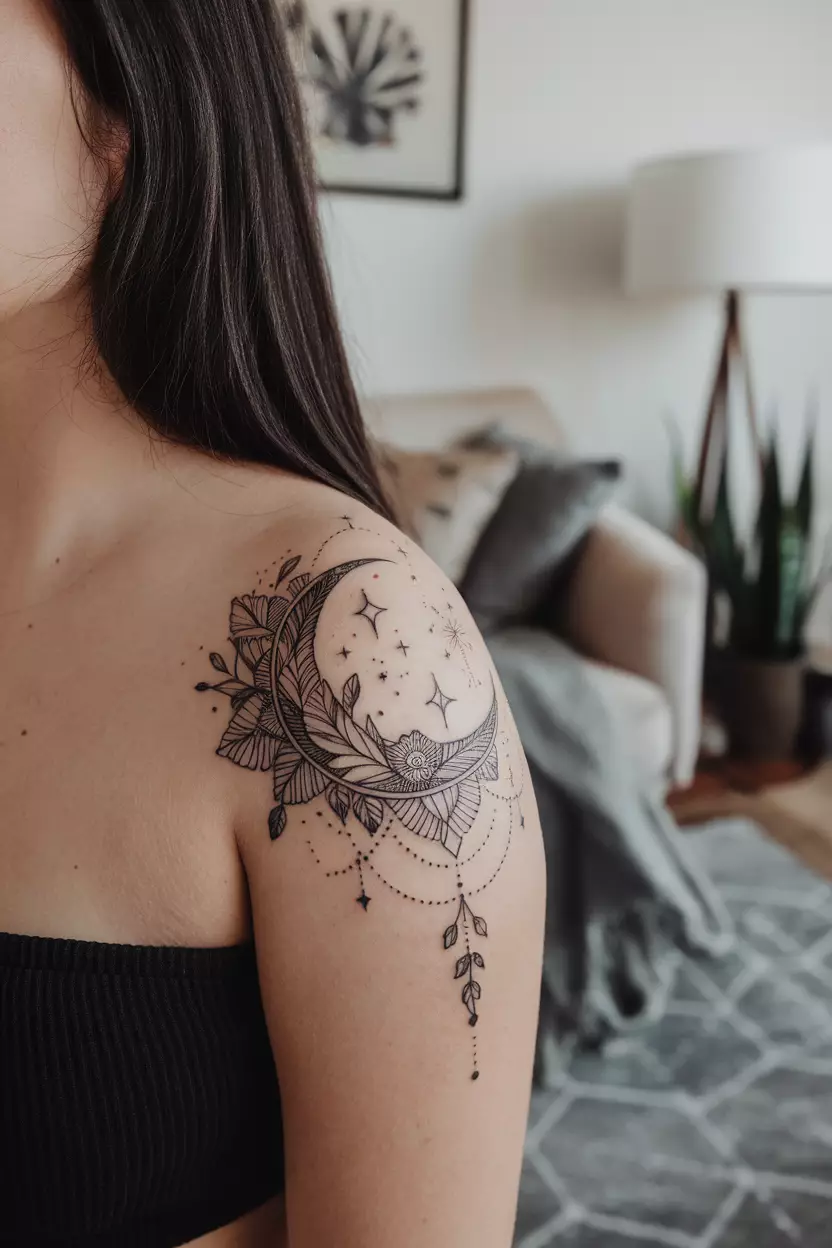 Mandala Moon A close-up photo of a woman showing her detailed mandala-style moon tattoo, tattoo design, living room background