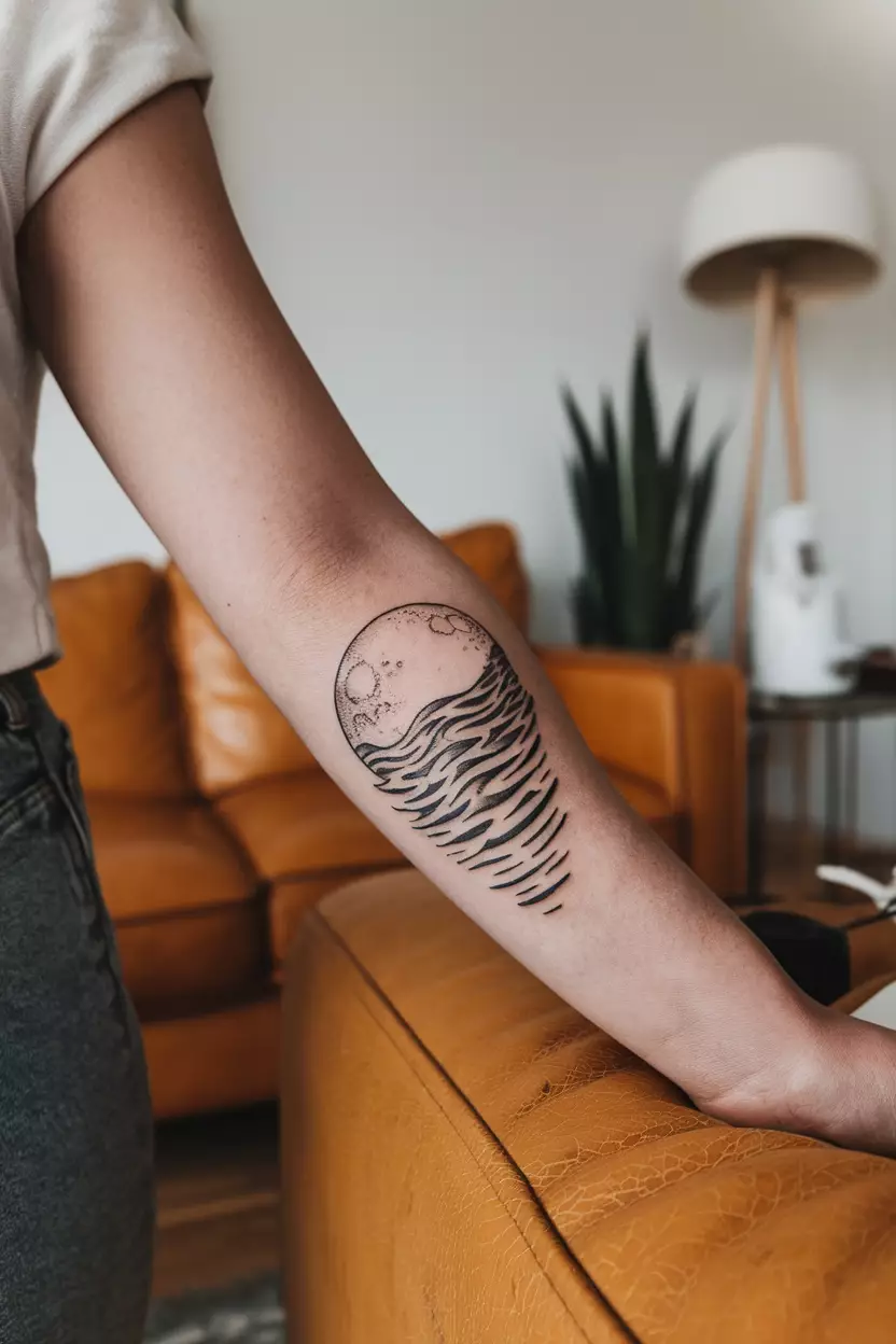 Moon and Ocean A close-up photo of a woman showing her tattoo of a moon reflecting on ocean waves, tattoo design, living room background