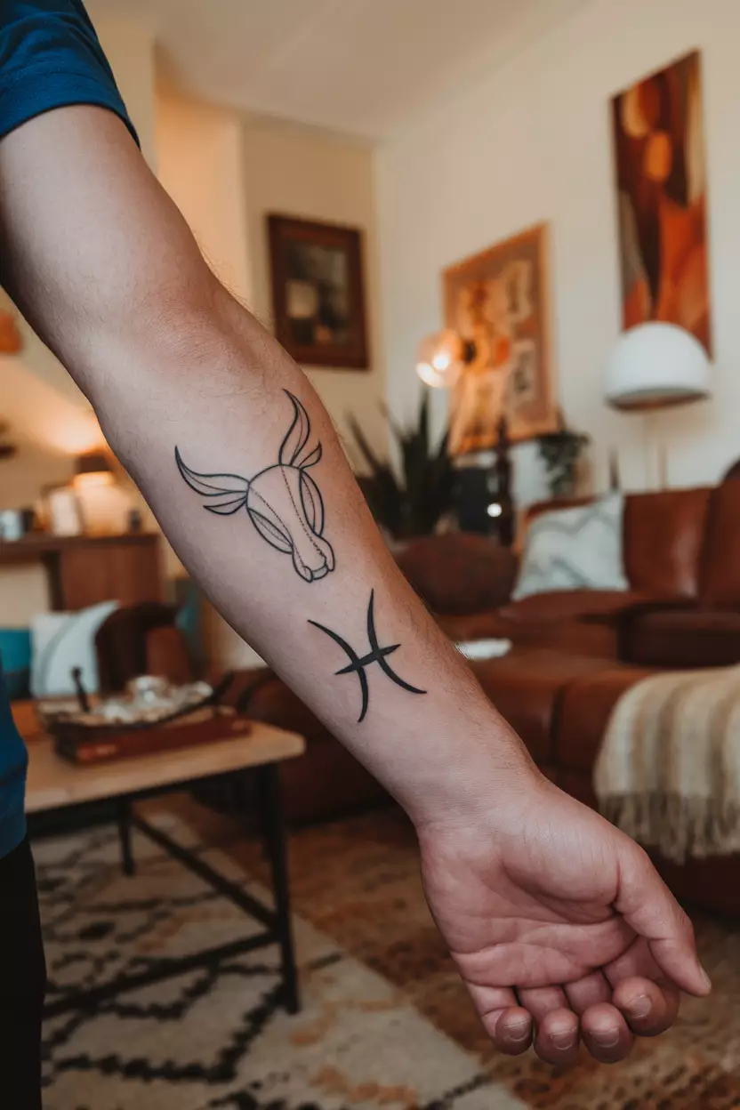 Taurus And Pisces Tattoo A close-up photo of a man showing his dual tattoo of Taurus and Pisces on his forearm, showcasing both symbols in harmony against the backdrop of a cozy living room filled with warm colors and inviting decor that reflects their complementary natures.