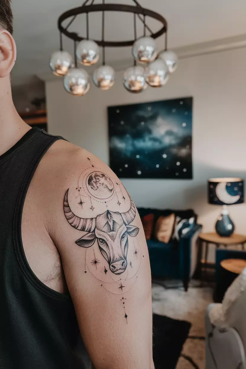Taurus Moon Tattoo A close-up photo of a man showing his mystical moon-themed Taurus tattoo on his upper arm, incorporating lunar elements against the backdrop of an inviting living room decorated with celestial-themed decor for added ambiance.