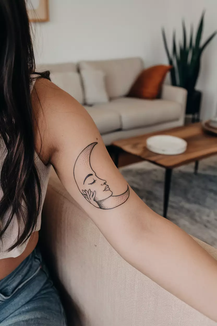Crescent Moon with Face A close-up photo of a woman showing her arm with a whimsical tattoo of a crescent moon featuring a serene face, tattoo design, living room background