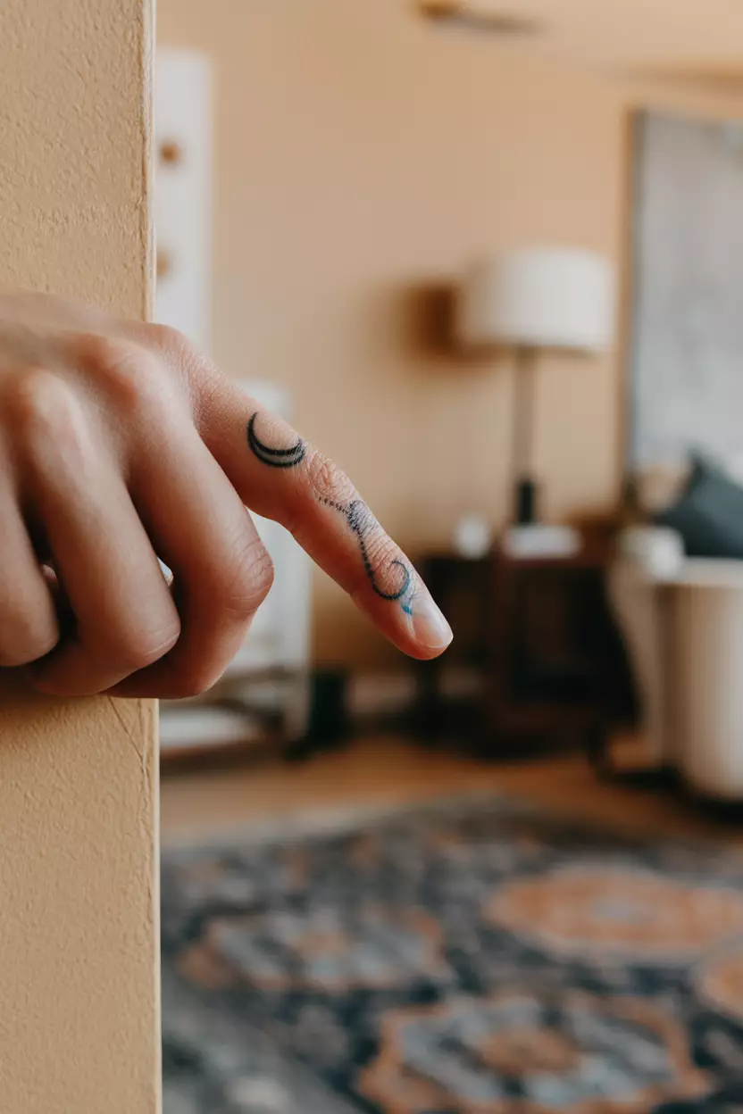 Finger Crescent Moon A close-up photo of a woman showing her finger with a small, curved crescent moon tattoo along the side, tattoo design, living room background