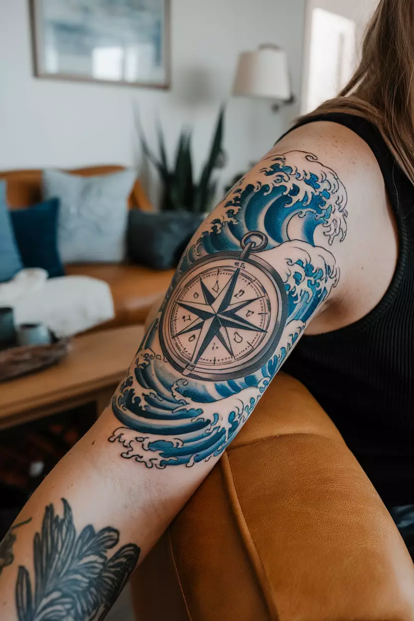 Nautical Compass with Waves A close-up photo of a woman showing her nautical compass tattoo surrounded by swirling waves, symbolizing guidance and adventure on the open sea, tattoo design, living room background