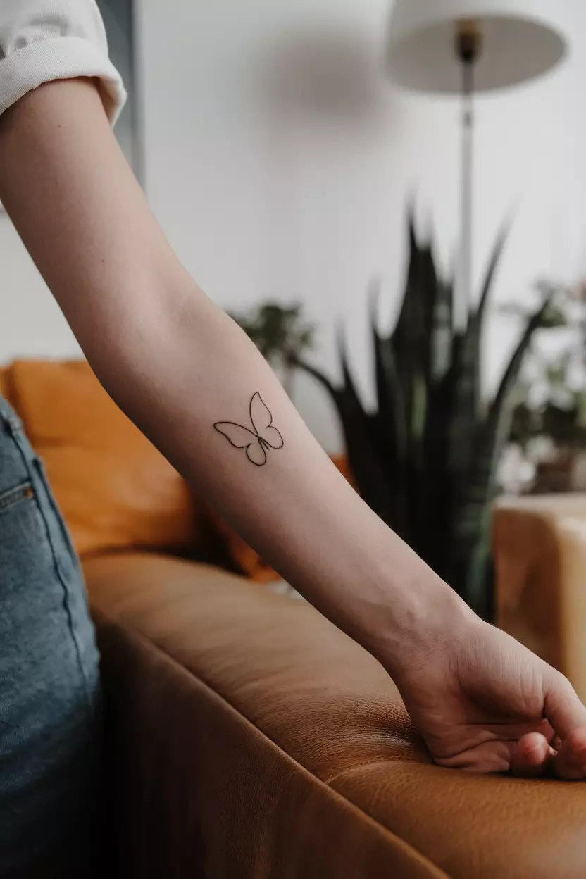 Minimalist Black Butterfly Outline A close-up photo of a woman showing her minimalist black butterfly tattoo featuring a simple outline, perfect for those who appreciate subtlety and elegance, tattoo design, living room background