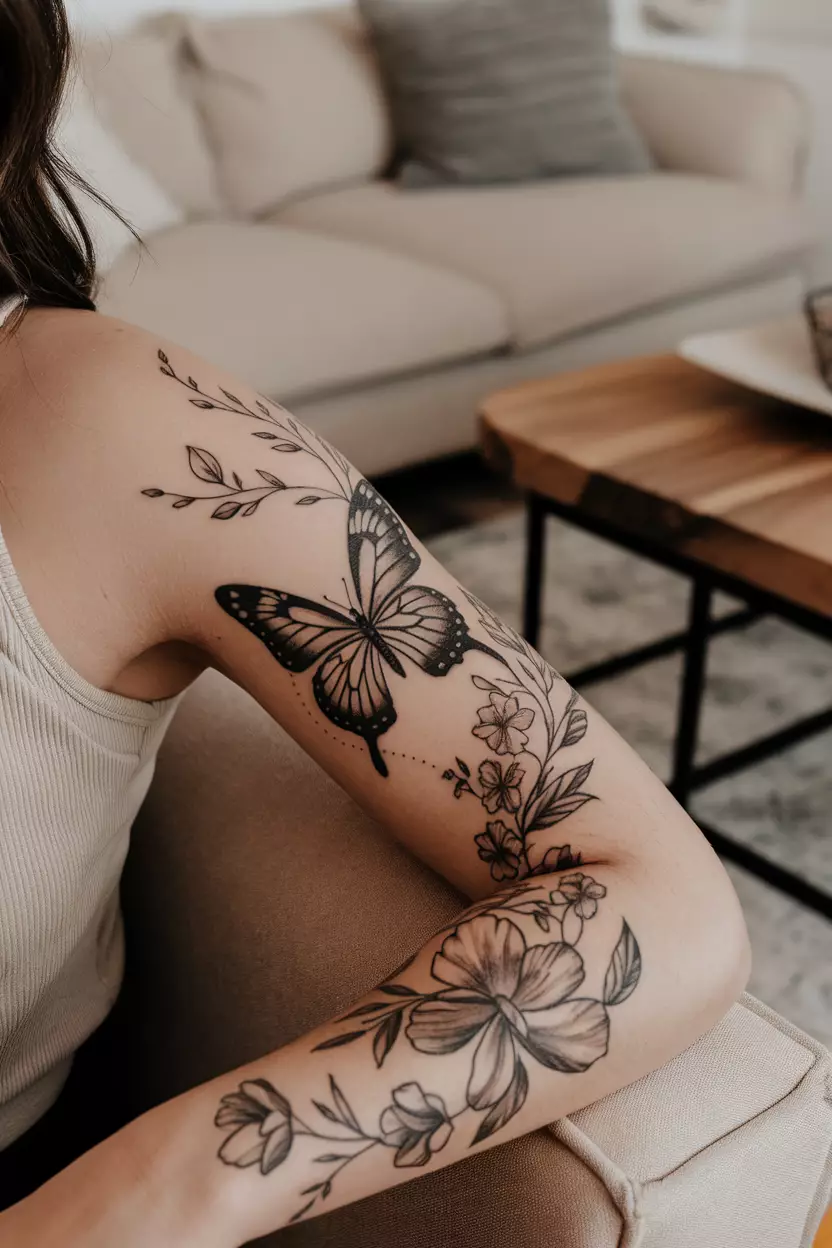 Elegant Black Butterfly with Floral Accents A close-up photo of a woman showing her elegant black butterfly tattoo intertwined with delicate floral designs, symbolizing beauty and transformation, tattoo design, living room background