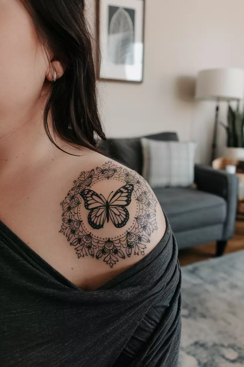 Black Butterfly with Floral Mandala A close-up photo of a woman showing her black butterfly tattoo surrounded by floral mandala patterns, symbolizing unity and harmony in nature, tattoo design, living room background