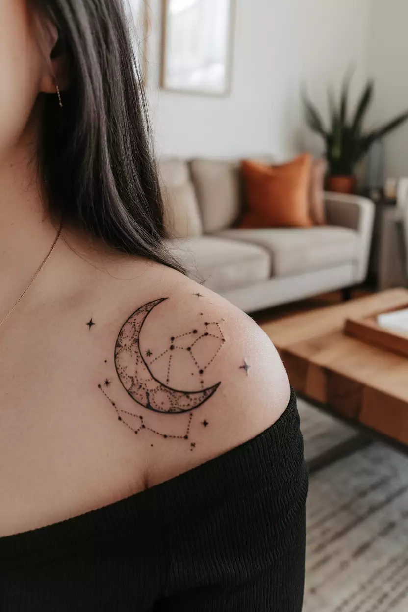 Constellation Crescent Moon A close-up photo of a woman showing her collarbone with a crescent moon tattoo filled with delicate constellation patterns, tattoo design, living room background