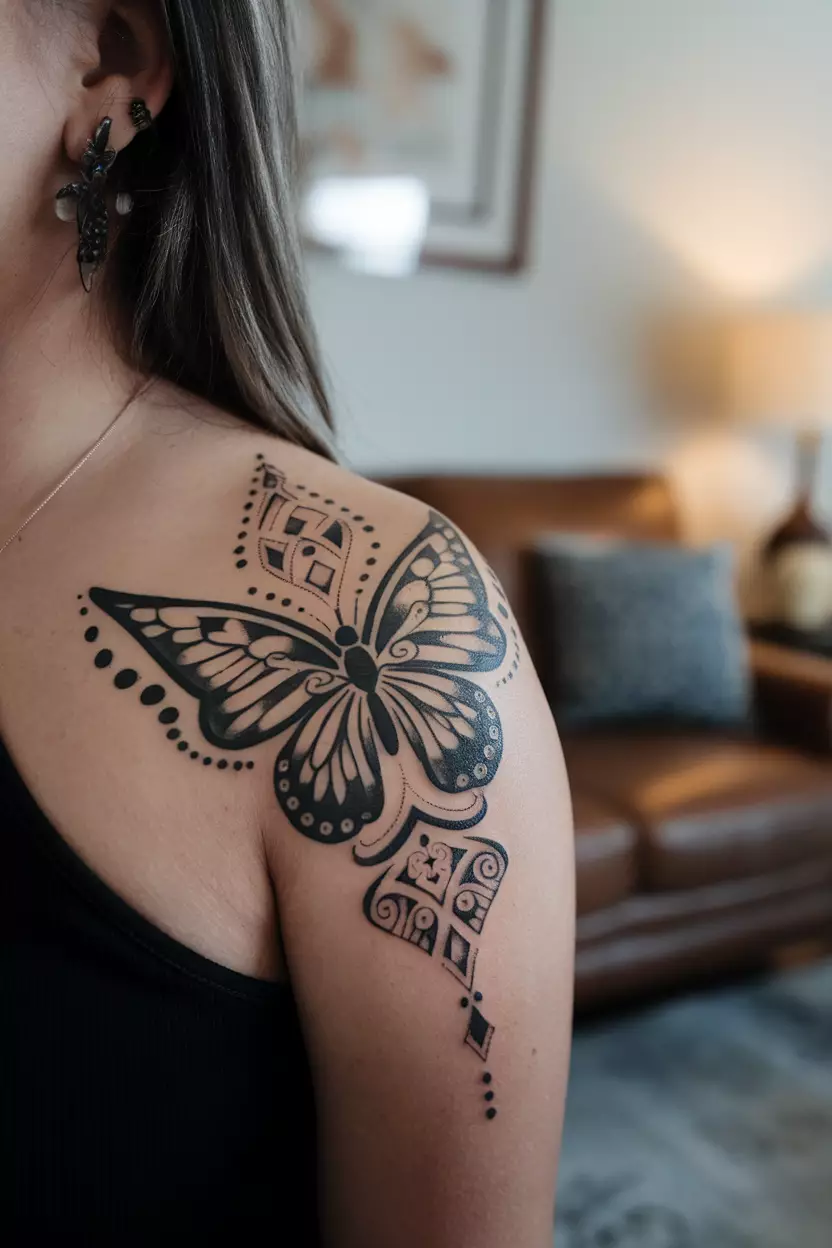 Tribal Black Butterfly Tattoo A close-up photo of a woman showing her tribal black butterfly tattoo with intricate patterns and shapes, representing strength and cultural heritage, tattoo design, living room background
