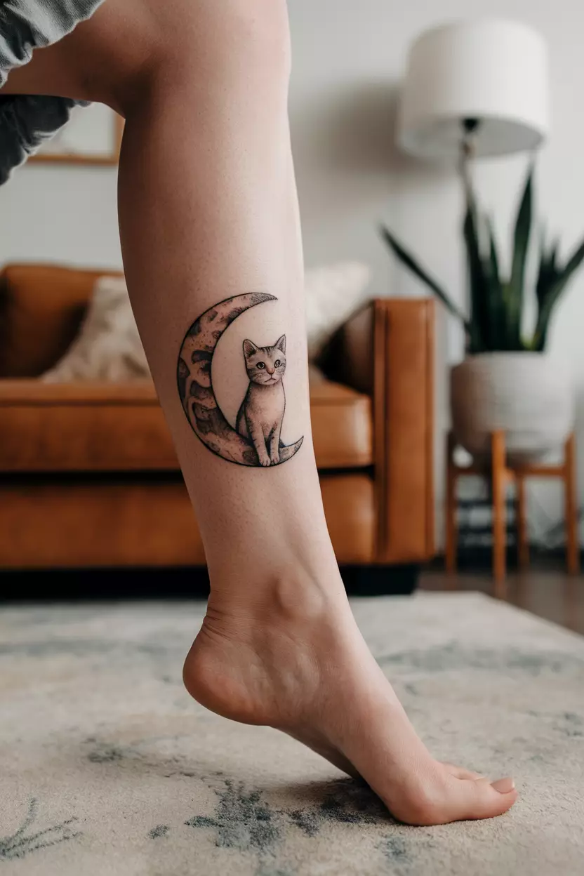 Crescent Moon Cat A close-up photo of a woman showing her ankle with a tattoo of a small cat standing on a crescent moon, tattoo design, living room background