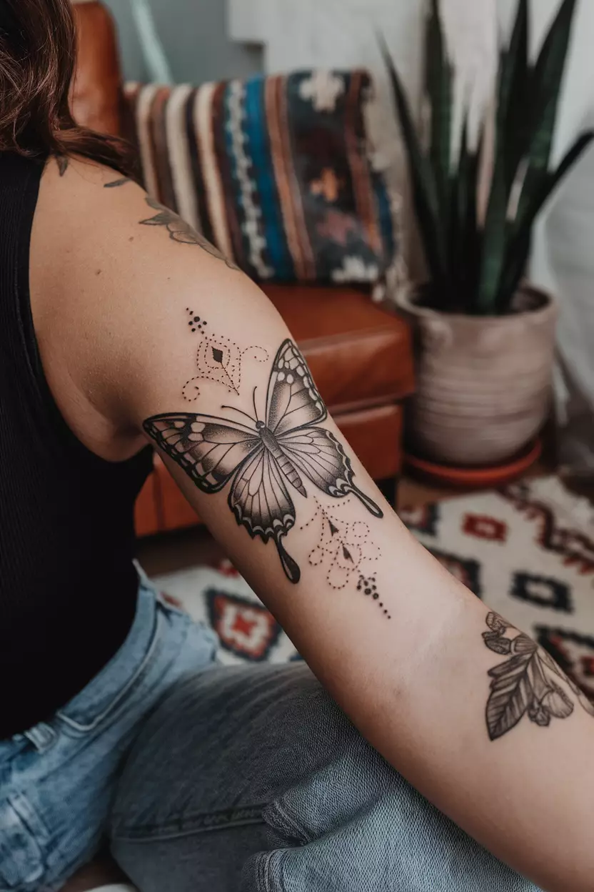 Vintage Black Butterfly Tattoo A close-up photo of a woman showing her vintage-style black butterfly tattoo with ornate details, reflecting nostalgia and timeless beauty, tattoo design, living room background