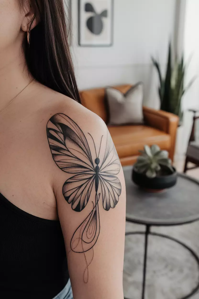 Abstract Black Butterfly Design A close-up photo of a woman showing her abstract black butterfly tattoo with flowing lines and shapes, perfect for those who love modern art styles, tattoo design, living room background